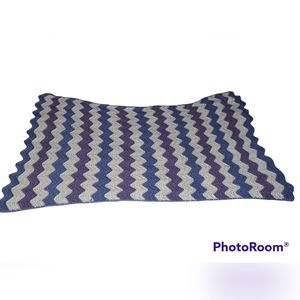 Handmade baby blanket crochet purple blue white 26 inch by 46 inch